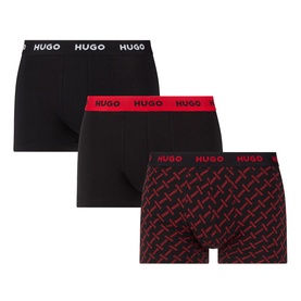 Hugo Boxers 3Pk in black, two plain with red HUGO waistbands, one with all-over logo print, cotton stretch