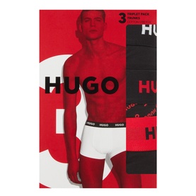 Hugo Boxers 3-Pack in black, white and red with branded elastic waistband, shown in retail packaging