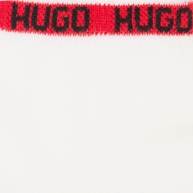 Hugo white cotton blend socks multi pack with red and black logo waistband detail, close-up view.