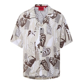Hugo light beige viscose shirt with brown and white tropical leaf print, camp collar, short sleeves, and button-front placket