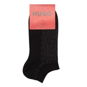 Hugo black cotton blend ankle socks multipack, with tonal logo pattern on foot, presented with coral branded card packaging
