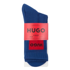 HUGO 3-pack ribbed crew socks in cobalt blue with red branded label, sizes 39-42