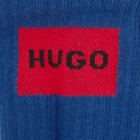 HUGO blue cotton crew socks with red woven logo box detail at ankle