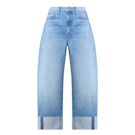 Mother straight-leg jeans in Last Bite light blue denim, wide-leg crop cut with deep folded cuffs, high-rise waist, 100% cotton