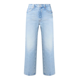 Mother Reelin In The Fun straight-leg jeans in light blue wash, high-rise waist, wide leg, 100% cotton denim