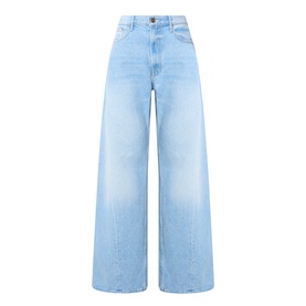Mother wide-leg jeans in light blue, high-rise waist, relaxed fit, full-length flared denim cut with faded wash detail