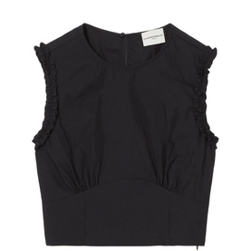 Claude Pierlot Ruffle Crop Top in blue cotton blend, sleeveless with ruffle trim detail and fitted cropped silhouette