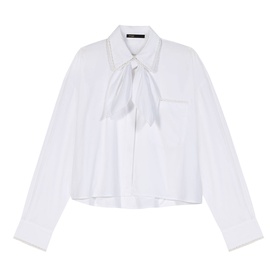 Crochet Trim Neck Tie Cropped Shirt