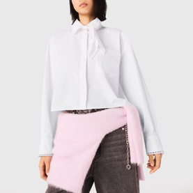 Crochet Trim Neck Tie Cropped Shirt