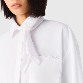 Crochet Trim Neck Tie Cropped Shirt