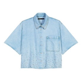 Cropped Rhinestone Denim Shirt