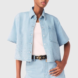 Cropped Rhinestone Denim Shirt