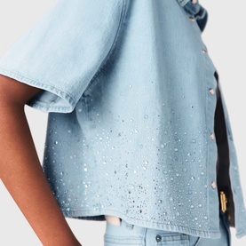 Cropped Rhinestone Denim Shirt