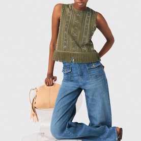 Floral Rhinestone Fringed Top