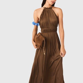 Halter Pleated Flared Dress