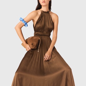 Halter Pleated Flared Dress