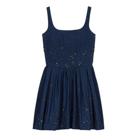 Embroidered Denim Flared Mini Dress
