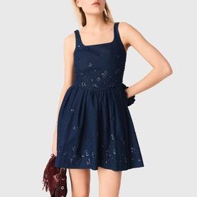 Embroidered Denim Flared Mini Dress
