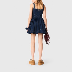Embroidered Denim Flared Mini Dress