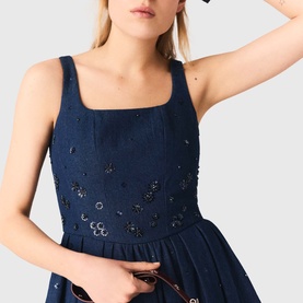 Embroidered Denim Flared Mini Dress
