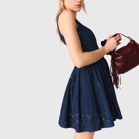 Embroidered Denim Flared Mini Dress