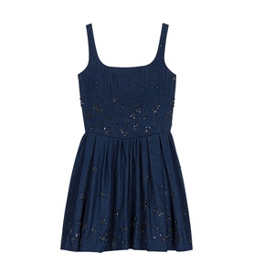 Embroidered Denim Flared Mini Dress
