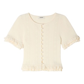 Sandro Ruffle Knit Cardigan in clear, cropped with round neckline, pearl button fastening and short ruffled sleeves