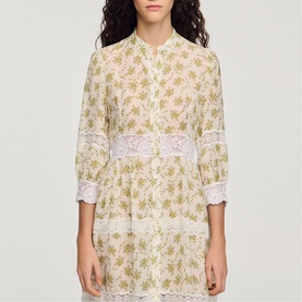 Floral Lace Trim Flared Dress