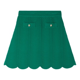 Sandro Scallop Trim Knitted Skirt in emerald green with chevron texture, two gold-button patch pockets, and scalloped hem