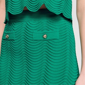 Sandro Scallop Trim Knitted Skirt in emerald green, textured wave-knit fabric with gold-tone button detail pockets