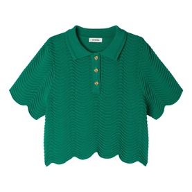 Sandro Scallop Trim Knitted Top in emerald green with chevron texture, polo collar, gold buttons, and scalloped hem