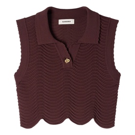 Sandro Wave Cropped Knit Top in brown with buttoned polo collar, sleeveless, wave-texture knit and scalloped hem