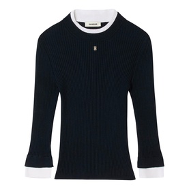Sandro Layered Effect Ribbed Sweater in navy blue with white contrast collar, cuffs, and hem trim, round neck, long sleeves, signature tag
