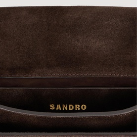 Sandro Le Mambo Janys Studded Suede Bag in black brown, interior view showing suede lining, small inside pocket and gold logo lettering.