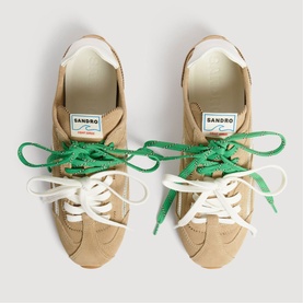 Sandro Light Wave Suede Low-Top Trainers in tan with green and white contrast laces, rubber sole, viewed from above