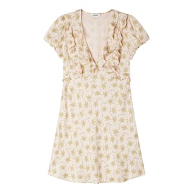 Sandro Floral Ruffle Mini Dress in light pink with gold floral print, V-neckline, ruffled top, and short sleeves
