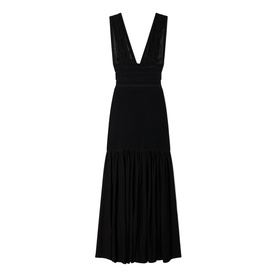 Sandro Embroidered Hybrid Dress in black, sleeveless maxi style with deep V-neckline, fitted bodice and pleated drop-waist skirt.