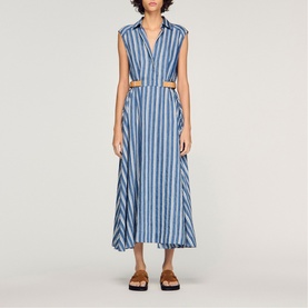 Striped Leather Tab Flared Dress