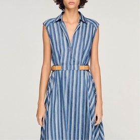 Striped Leather Tab Flared Dress