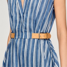 Striped Leather Tab Flared Dress