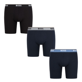 Hugo Boss Three-Pack Long Power Logo Boxer Briefs in navy, black and blue with branded elasticated waistbands