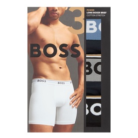 Hugo Boss Three-Pack Long Power Logo Boxer Briefs in navy, white and blue, cotton-stretch with branded elasticated waistband, packaged set of 3.