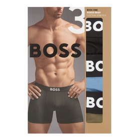 Hugo Boss green cotton boxer briefs 3-pack in packaging, showing green, blue and black pairs with branded waistband