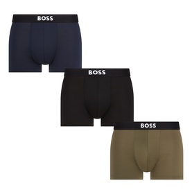 Hugo Boss Three-Pack Micro One Logo Boxers in green, navy and black with branded elasticated waistbands, displayed flat