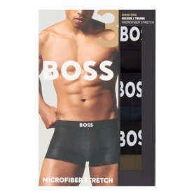 Hugo Boss Three-Pack Micro One Logo Boxers in green, navy and black microfibre stretch with logo waistband, shown in packaging