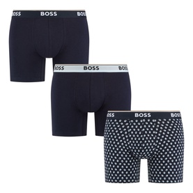 Hugo Boss Three-Pack Power Mixed Printed Boxer Briefs in navy, featuring logo waistbands, two plain and one polka dot printed brief