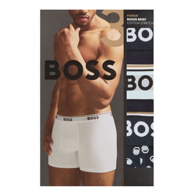 Hugo Boss Three-Pack Power Mixed Printed Boxer Briefs in navy, shown on model and as flat pack with logo waistband and mixed printed designs