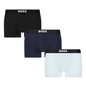Hugo Boss Blue Boxers 3-Pack in black, navy and pale blue, each with black elasticated BOSS logo waistband