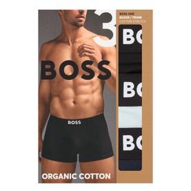Hugo Boss Boss One Boxer Trunks 3-pack in blue, black and white organic cotton, shown in retail packaging