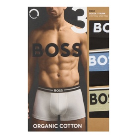 Hugo Boss Bold Boxer Trunks 3-Pack in black, white and blue organic cotton stretch, shown in packaging